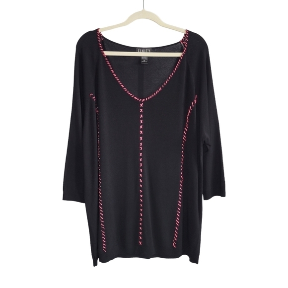 Finity Women's Black Stretchy V-Neck Embroidered Stitching Detail Blouse Size 3X - Picture 1 of 8